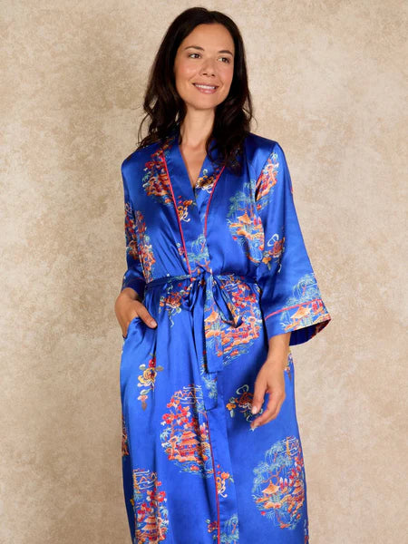 Their Nibs Women's Satin Kimono Robe -  Cobalt Peace Garden