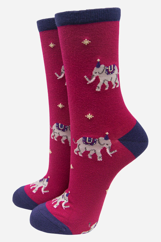 Sock Talk Women's Bamboo Socks Elephant Print Party Ankle Socks Fuchsia Pink