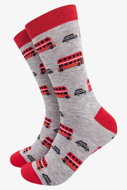 Sock Talk Men's Red Bus And Black Cab Print Bamboo Socks