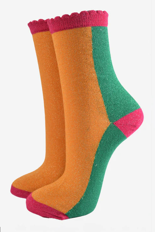 Sock Talk Women's Glitter Socks - Orange/Green/Pink