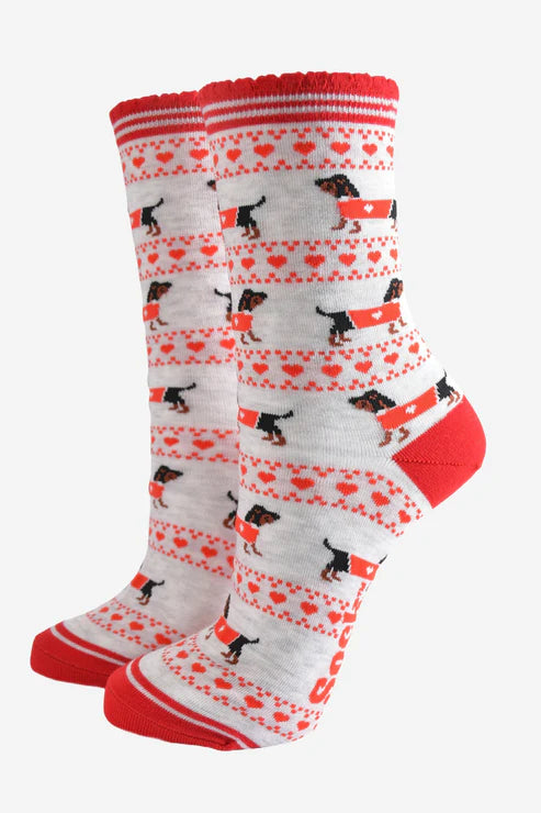 Sock Talk Women's Bamboo Socks Faire Isle Dog - Grey/Red