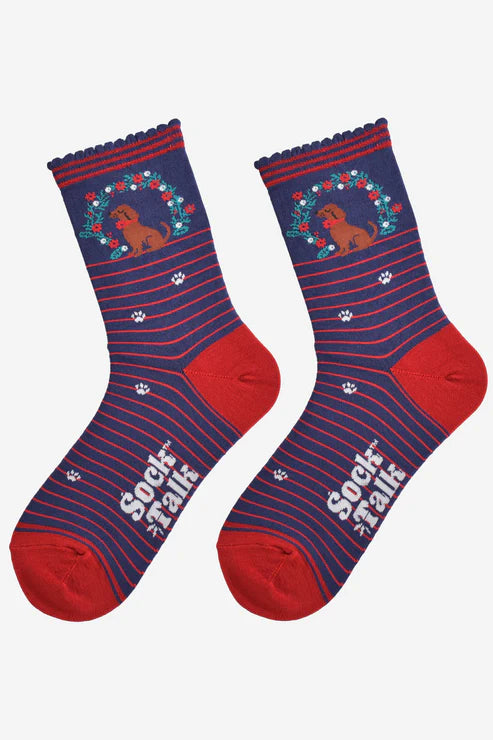 Sock Talk Women's Bamboo Socks Sausage Dog Wreath - Navy