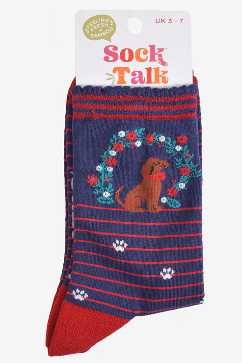 Sock Talk Women's Bamboo Socks Sausage Dog Wreath - Navy