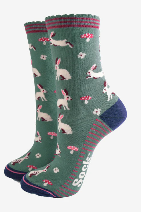 Sock Talk Women's Bamboo Socks Rabbit Woodland - Mint Green