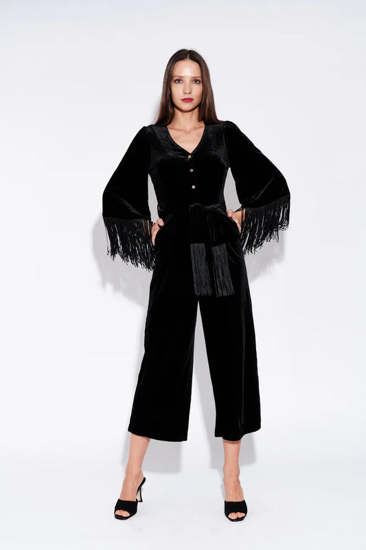 Elvis Fringe Sleeve Velvet Jumpsuit - Black