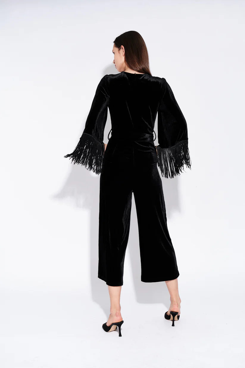 Elvis Fringe Sleeve Velvet Jumpsuit - Black