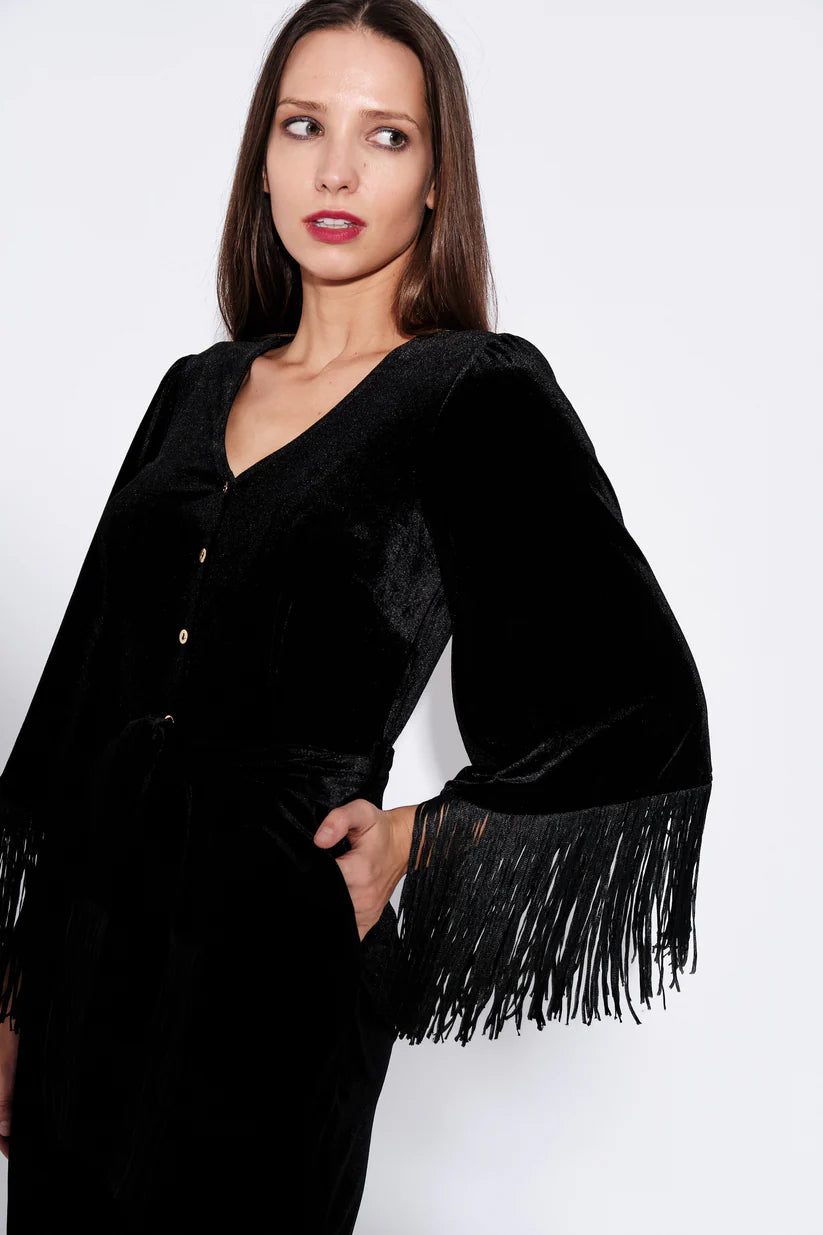 Elvis Fringe Sleeve Velvet Jumpsuit - Black