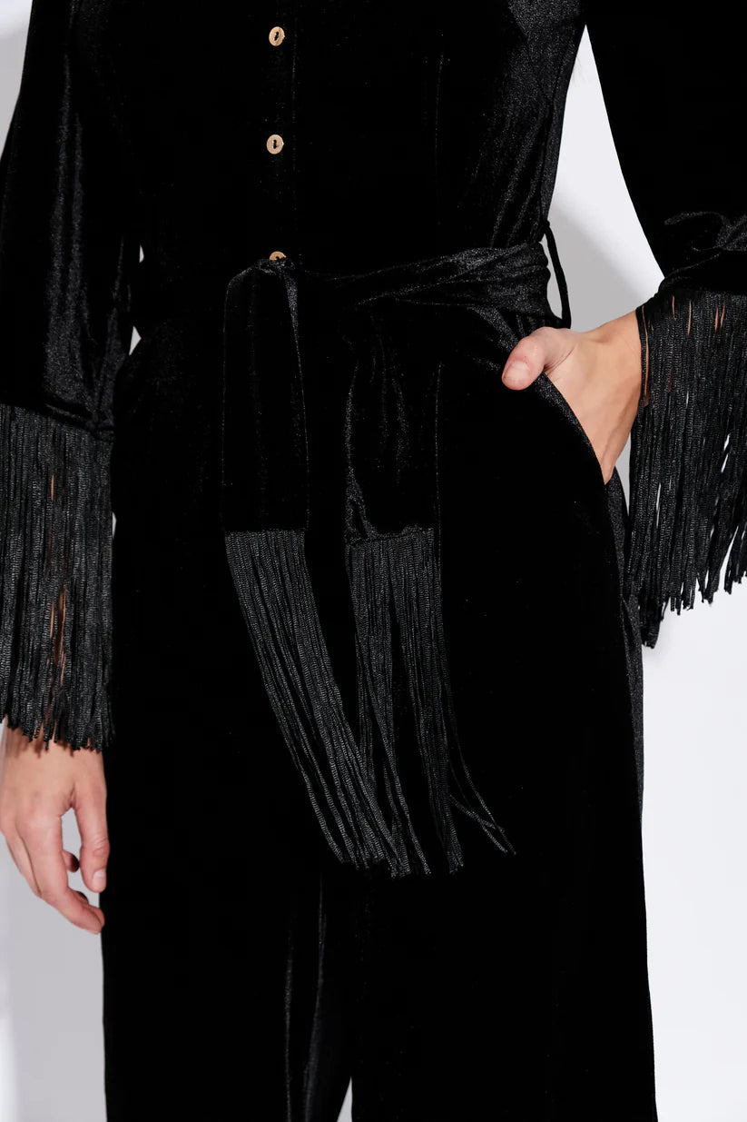 Elvis Fringe Sleeve Velvet Jumpsuit - Black