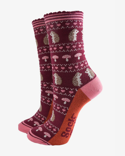 Sock Talk Women's Bamboo Socks Faire Isle Hedgehog - Berry Pink