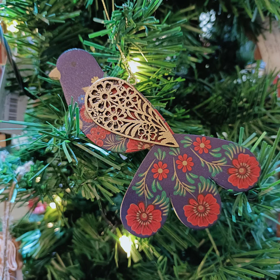 Folk Fantail Wooden Bird - Red