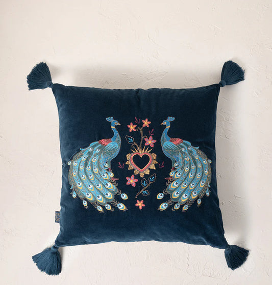 Elizabeth Scarlett Peacock Floral Cushion - Ink Blue