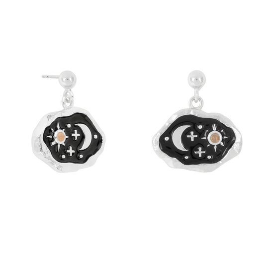 Vurchoo Midnight Scene Rose Quartz and Black Enamel Stud Silver - Peru