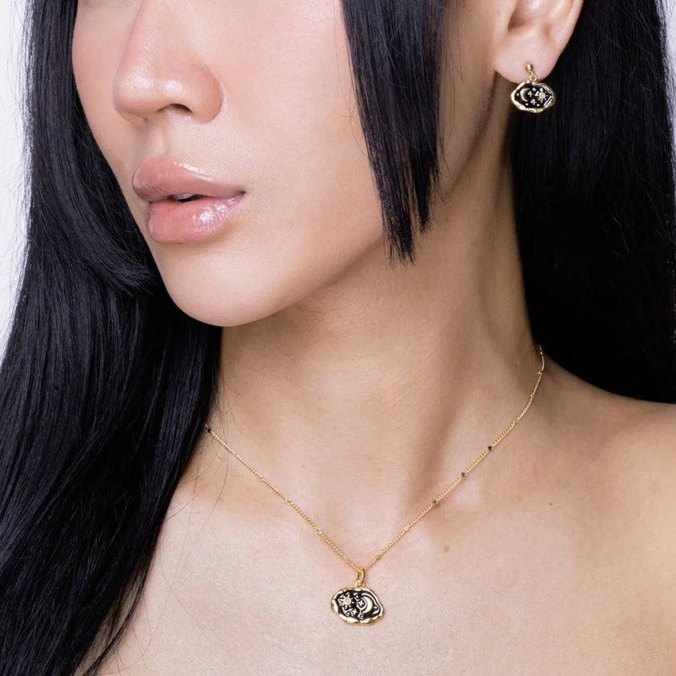 Vurchoo Midnight Scene Rose Quartz and Black Enamel Stud Gold - Peru