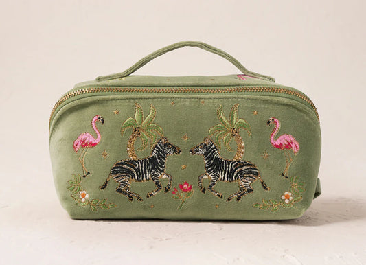 Elizabeth Scarlett Wild Zebra Palm Open Flat Makeup Bag - Olive