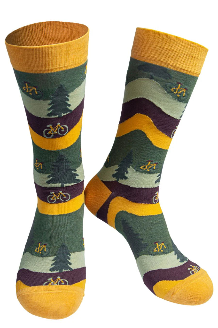 Sock Talk Men's Green and Yellow Mountain Bike Print Bamboo Socks