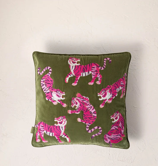 Elizabeth Scarlett Wild Tiger Cushion - Fern Green