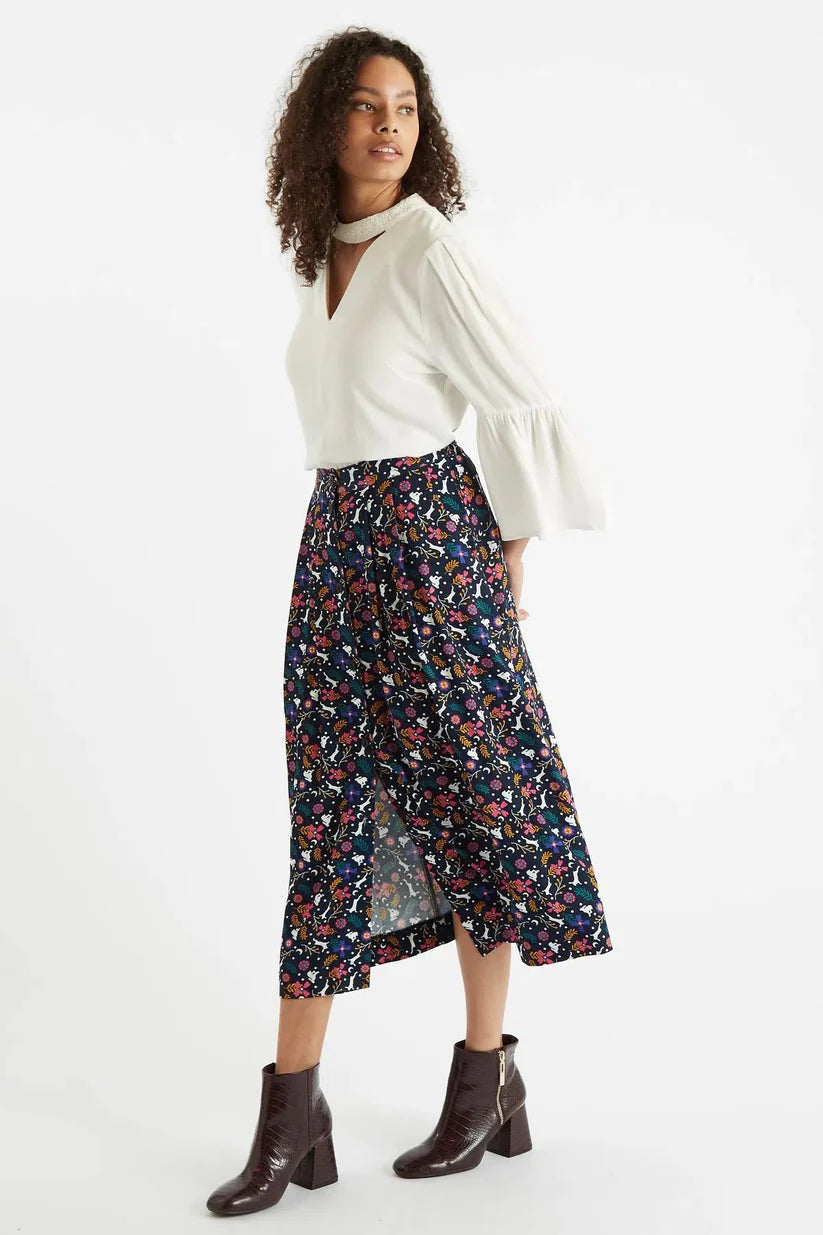 Louche Bia White Rabbit Print Button Through Midi Skirt