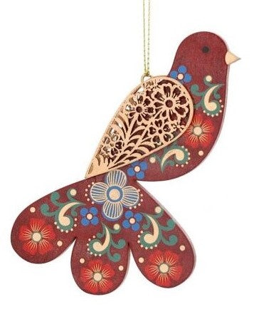 Folk Fantail Wooden Bird - Red