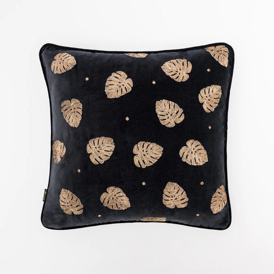 Elizabeth Scarlett Gold Jungle Leaf Cushion - Charcoal