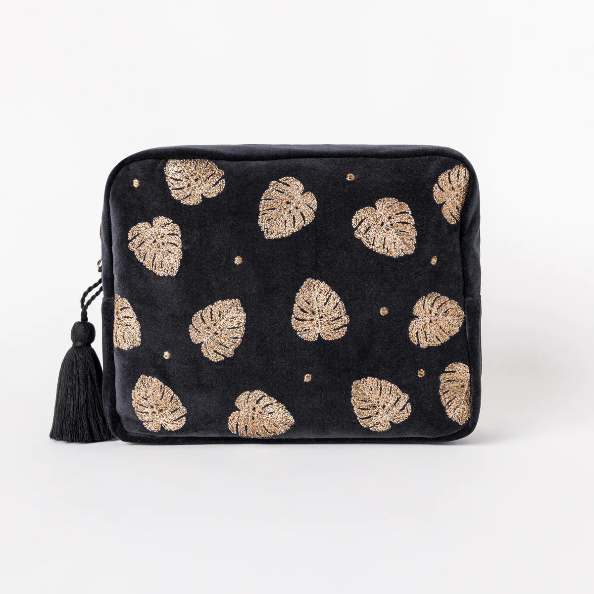 Elizabeth Scarlett Gold Jungle Leaf Wash Bag -Charcoal