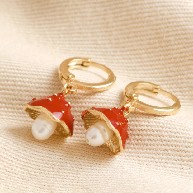 Lisa Angel Enamel Toadstool & Pearl Huggie Hoop Earrings Gold