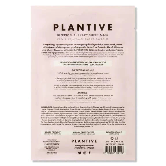 Plantive Blossom Plant Therapy Biodegradable Sheet Mask