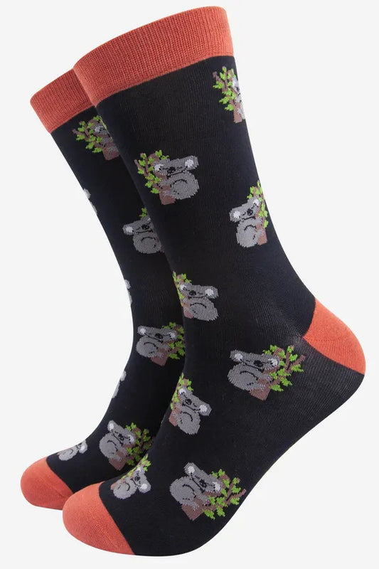 Sock Talk Men's Black Sleepy Koala Print Bamboo Socks