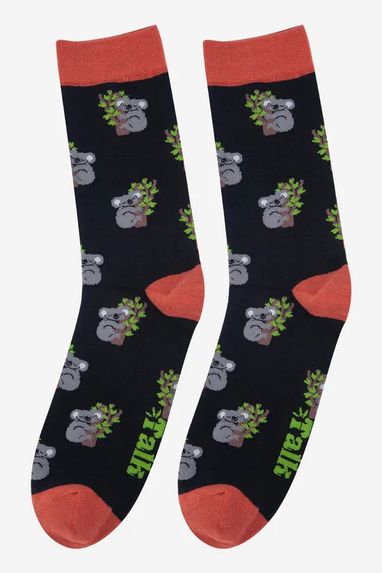 Sock Talk Men's Black Sleepy Koala Print Bamboo Socks