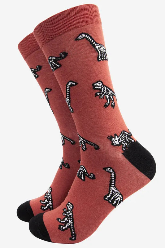 Sock Talk Men's Rust Dinosaur Skeleton Print Bamboo Socks