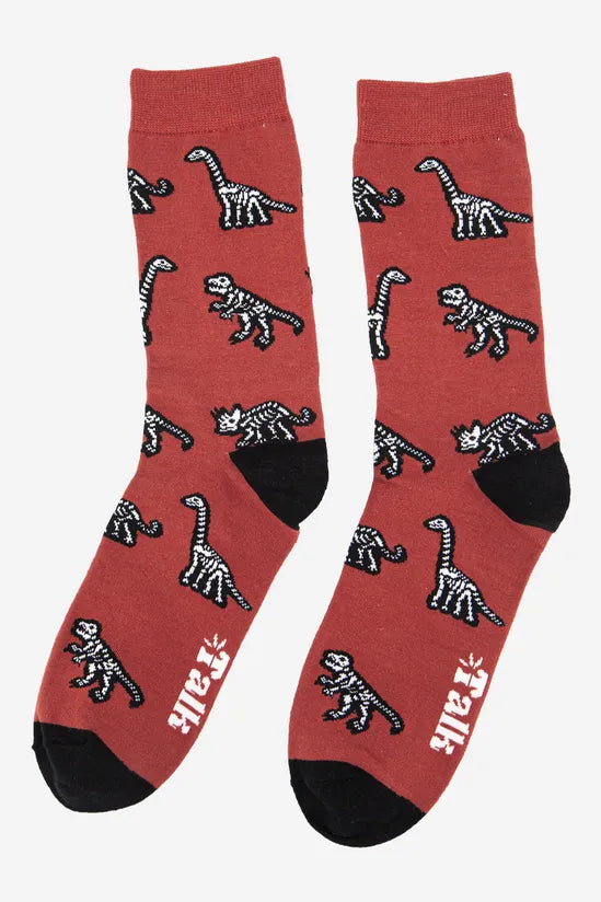 Sock Talk Men's Rust Dinosaur Skeleton Print Bamboo Socks