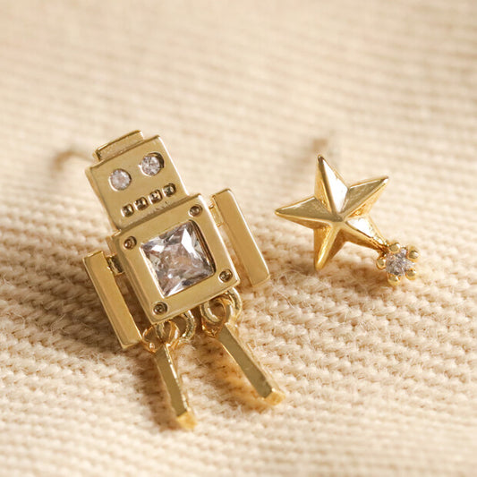 Lisa Angel Robot & Star Stud Earrings Gold