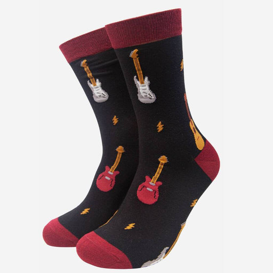 Sock Talk Men's Black Guitars Print Bamboo Socks