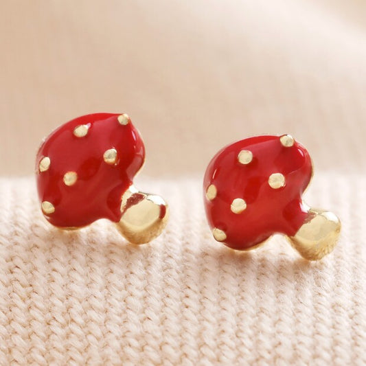 Lisa Angel Red Enamel Mushroom Stud Earrings Gold