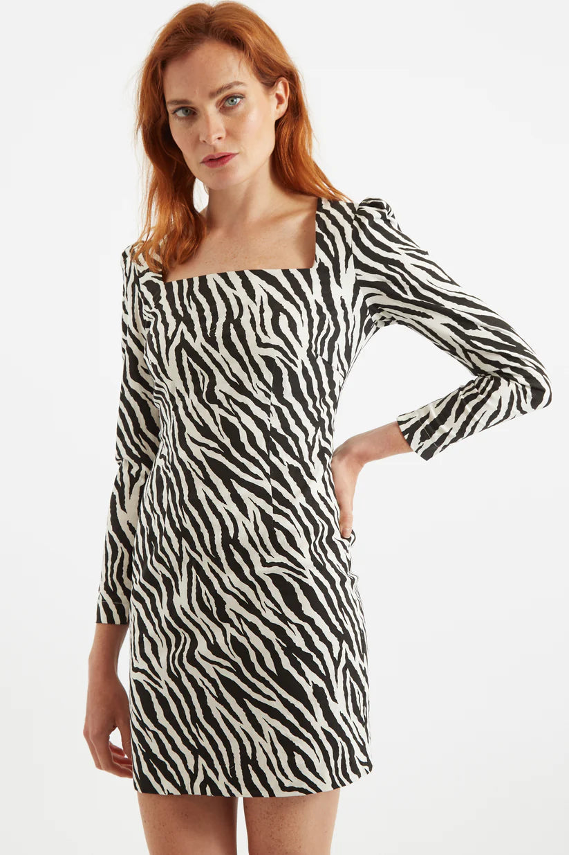 Louche Anala Zebra Print Square Neck Long Sleeve Mini Dress