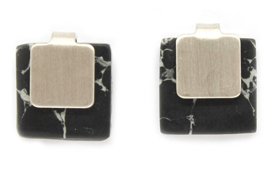 Lark Square Black Marble Studs - (Silver)