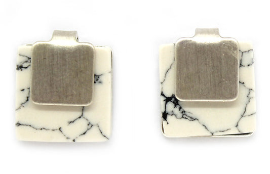 Lark Square White Marble Studs - (Silver)