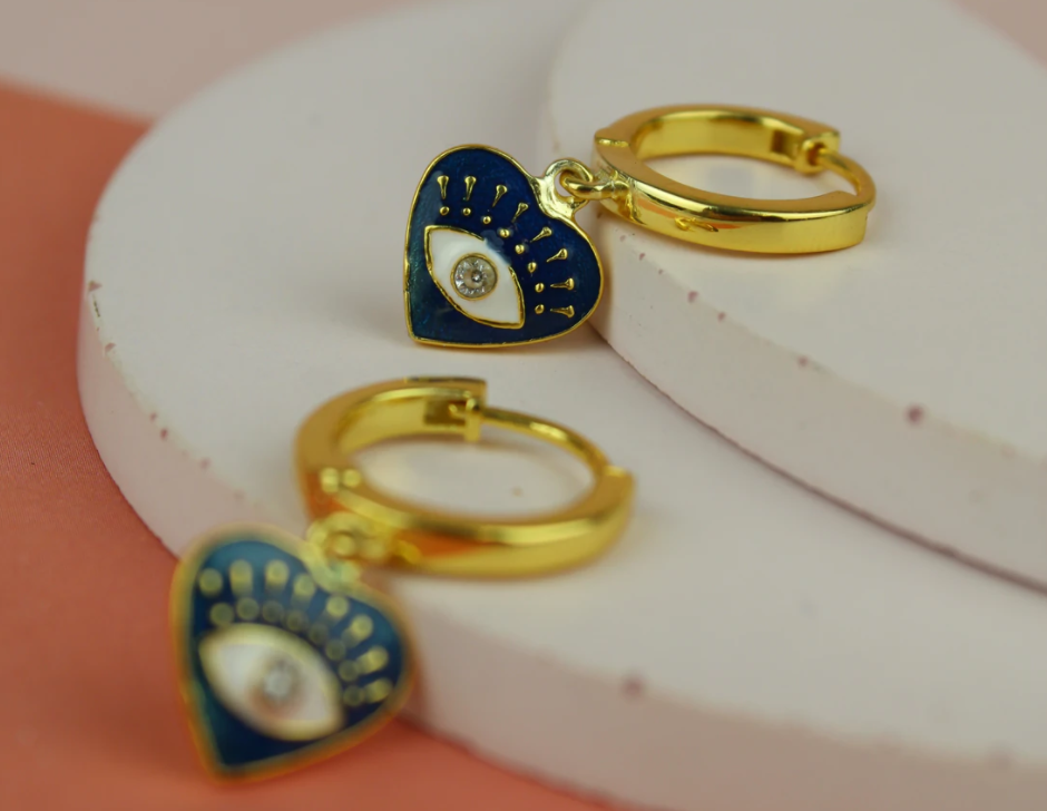 My Doris Eye Heart Enamel Earring Hoops Navy