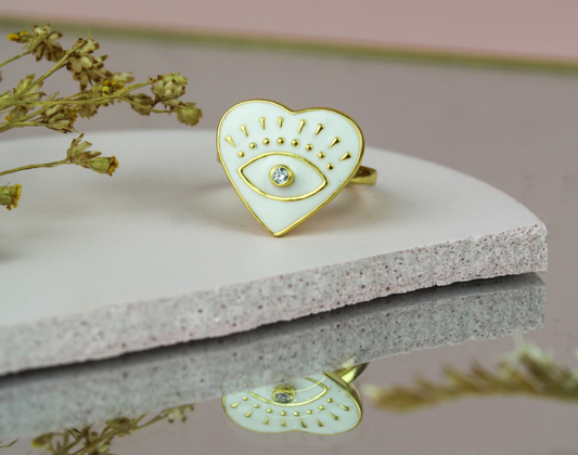 My Doris White eye heart enamel ring