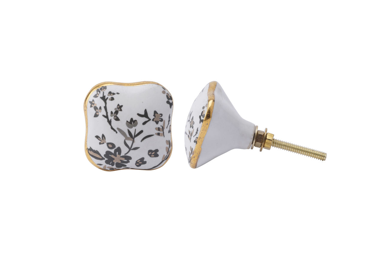 White & Grey Floral Ceramic Drawer Knobs