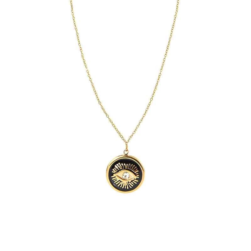 White Leaf Evil Eye Enamel Necklace Black and Gold