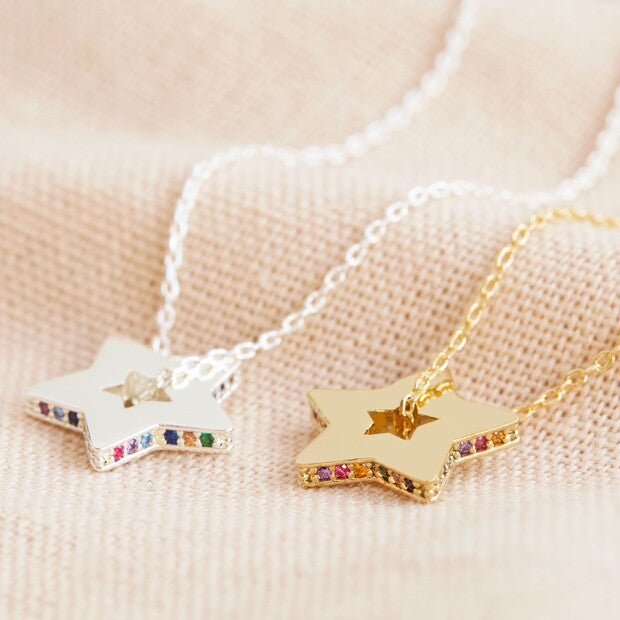 Lisa Angel Rainbow Crystal Edge Star Pendant Necklace in Gold