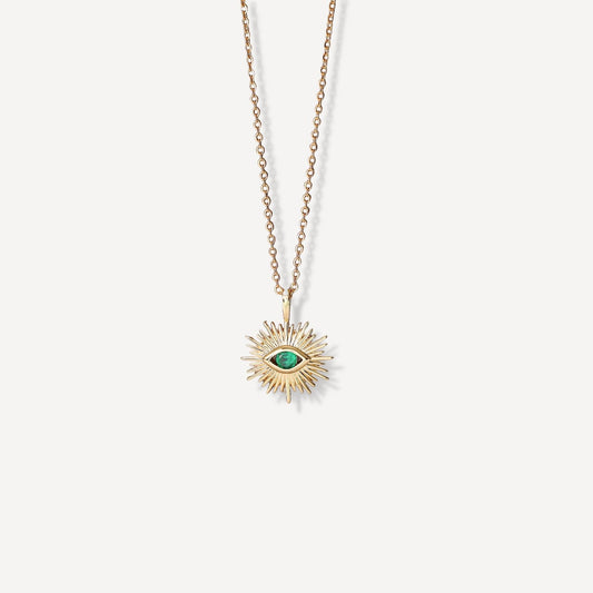 White Leaf Evil Eye Necklace Gold and Green Cubic Zirconia